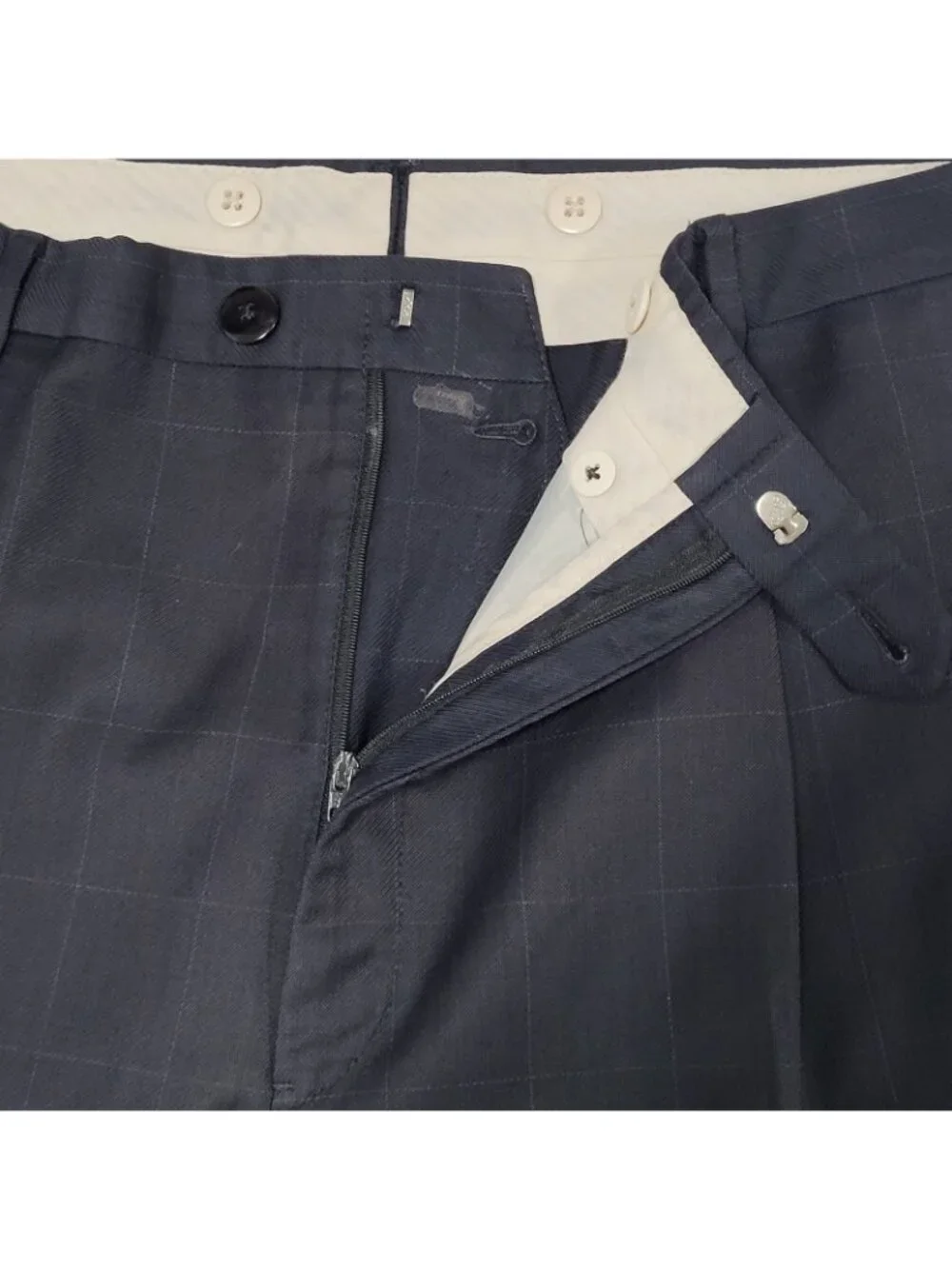 Daniel Cremieux Navy 100% Wool Check Full Suit Set Jacket 44R Pants 37x29 USA
